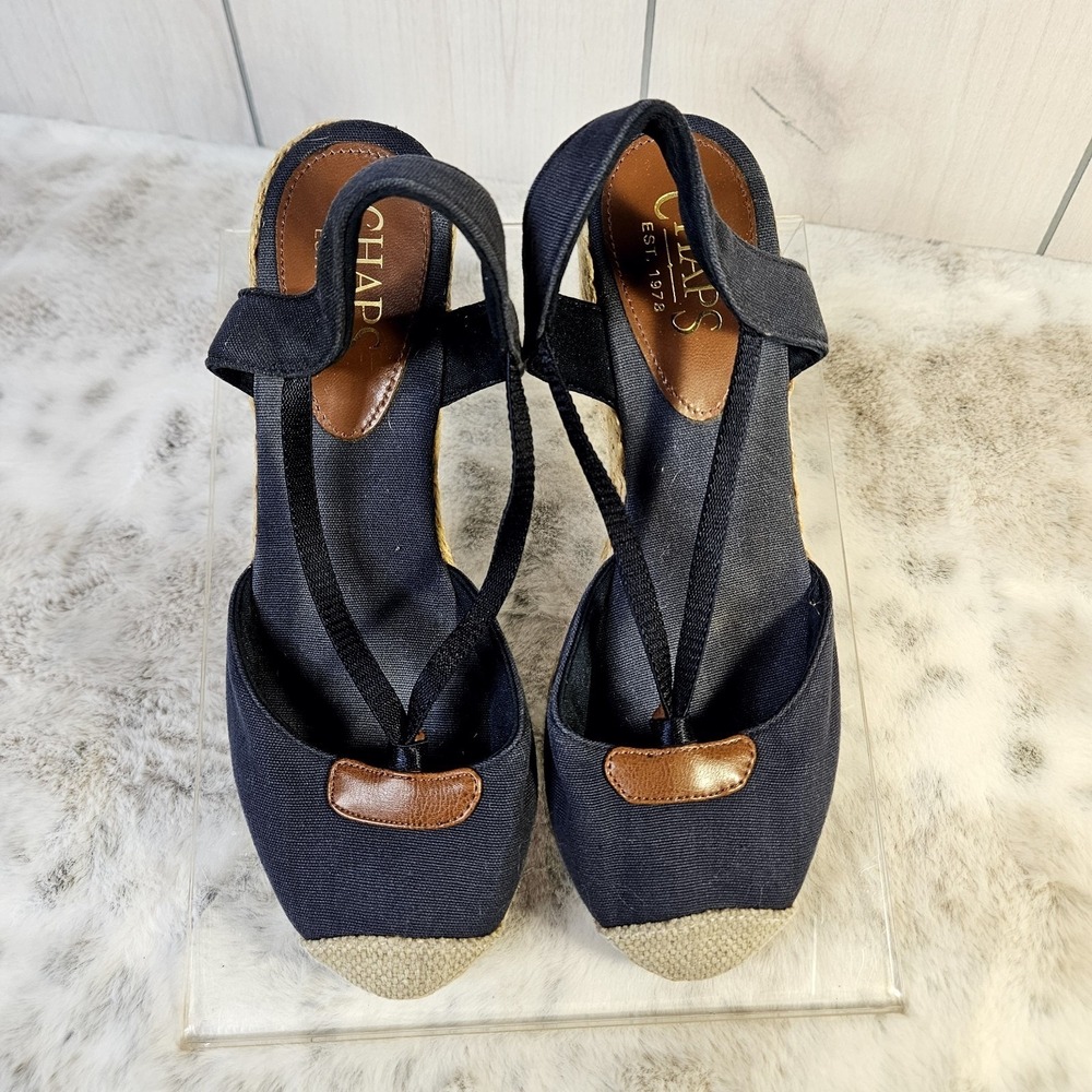 Chaps Women's Slingback Espadrille 7 Navy Canvas Jute Wedge Heel Vtg Nautical
